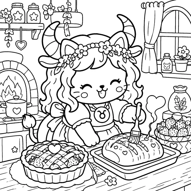 Cozy Taurus Zodiac Cat Girls Coloring Book: free sample page 5 of 5