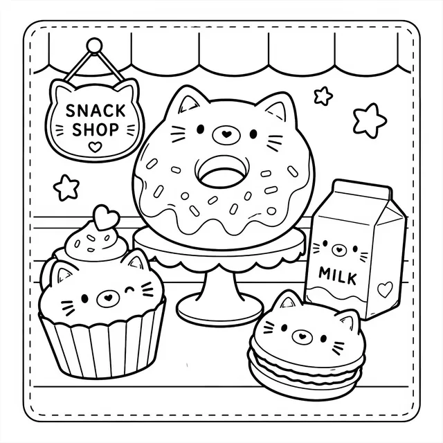 Printable Cozy Kawaii Cat Coloring Book: free sample page 2 of 5