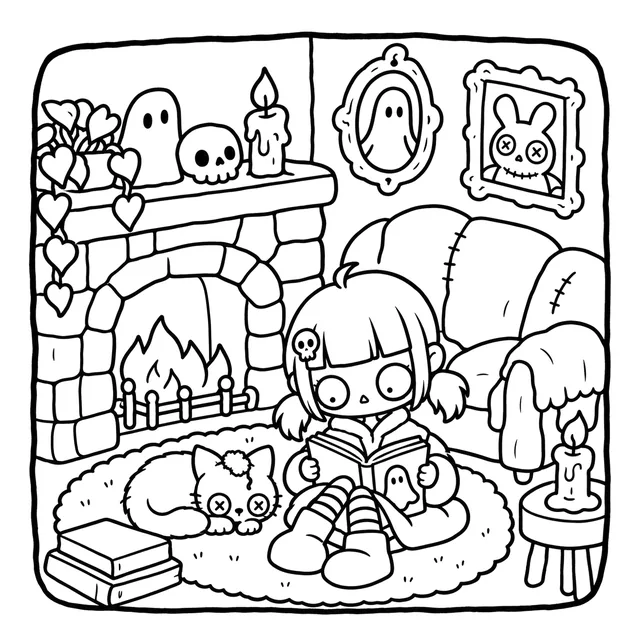 Spooky Cozy Life Coloring Book: free sample page 3 of 5